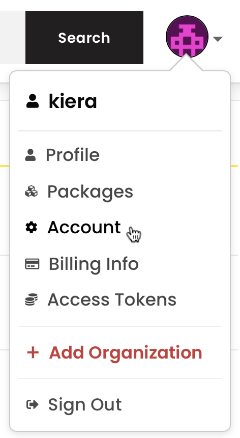 Screenshot of account settings selection in user menu
